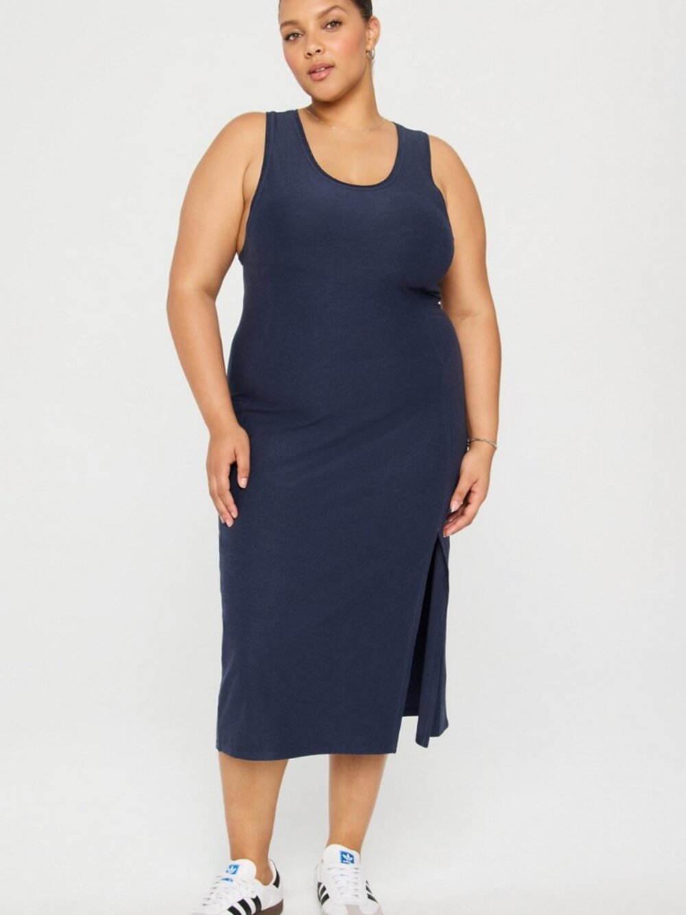 Fabletics Cloud Jersey Midi Dress Womens XL Blue Sleeveless Side Slit Athleisure
